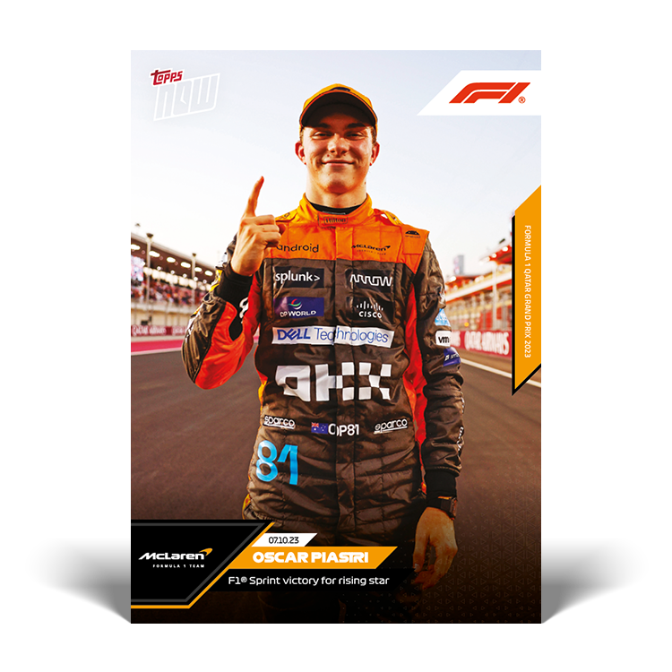 Oscar Piastri 2023 Formula 1 Topps NOW #56, ordinary ungraded base. First Sprint victory · Qatar